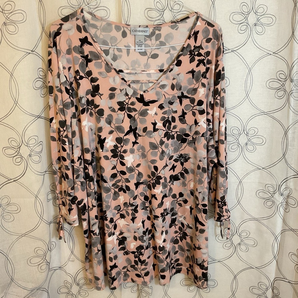 Women's Catherines Plus Top Pink 3/4 Sleeve Stretch Butterfly Floral Size 2X